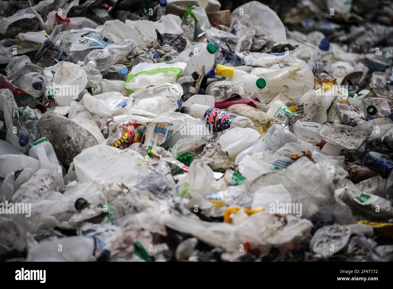 Plastic waste at a materials recycling facility in the UK. Stock Photo