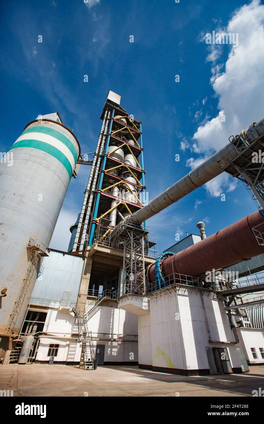 Standard Cement plant. Rotary clinker kiln, mixing tower, concrete silo