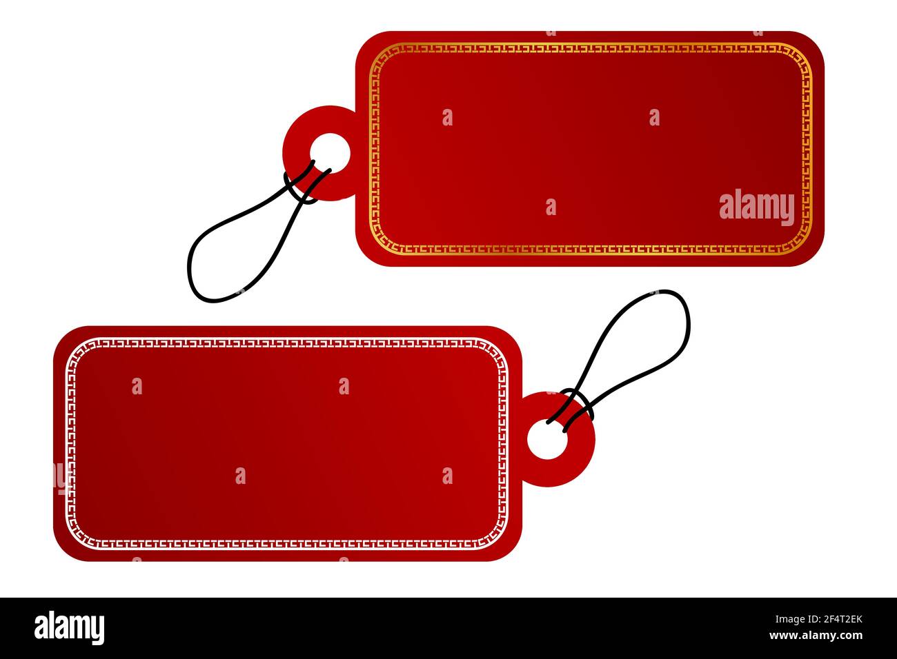 2 Rectangle Vector Red Gradient Tag, White China Style Border With Black Rope, Isolated on White Stock Vector
