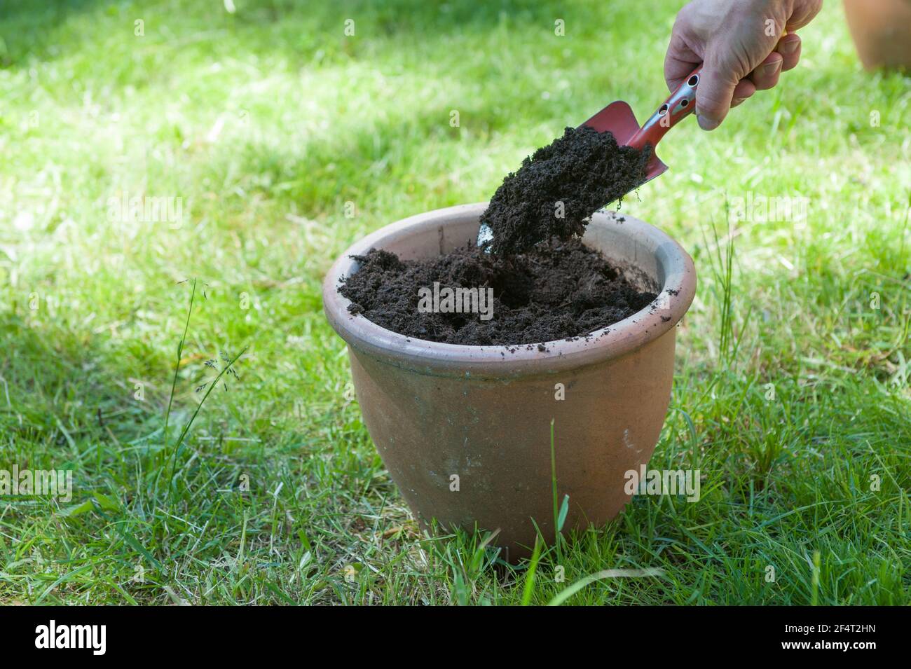 Flower pot with garden shovel and compost mulch Stock Photo Alamy