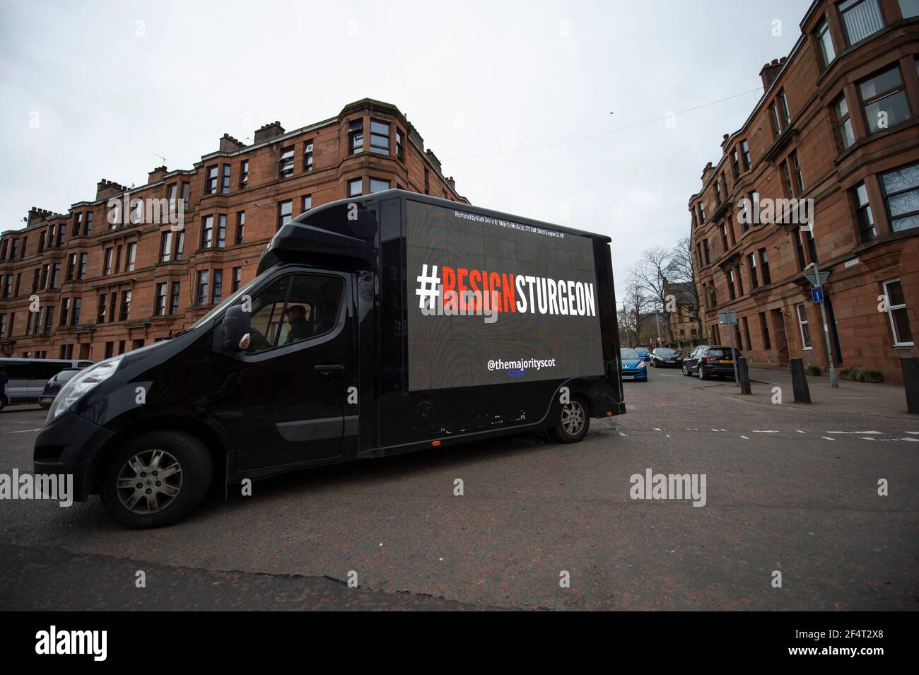 Glasgow, Scotland, UK. 23 March 2021. PICTURED: Billboard message to Nicola Sturgeon, ‘WE DON'T BELIVE YOU NICOLA' in Govanhill area of Glasgow where the First Minster is standing for Parliament. Credit: Colin Fisher/Alamy Live News. Stock Photo