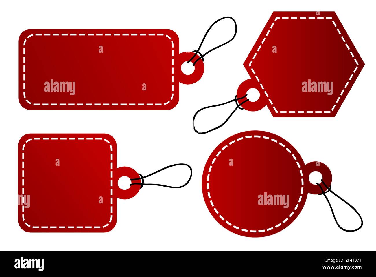4 Shape Vector Red Gradient Tag, White Stitch Border With Black Rope, Isolated on White Stock Vector