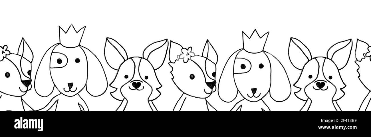 Cute animal kids seamless coloring border illustration black white. Children line art design dogs with crown flowers. Outline doodle dogs. For card Stock Photo