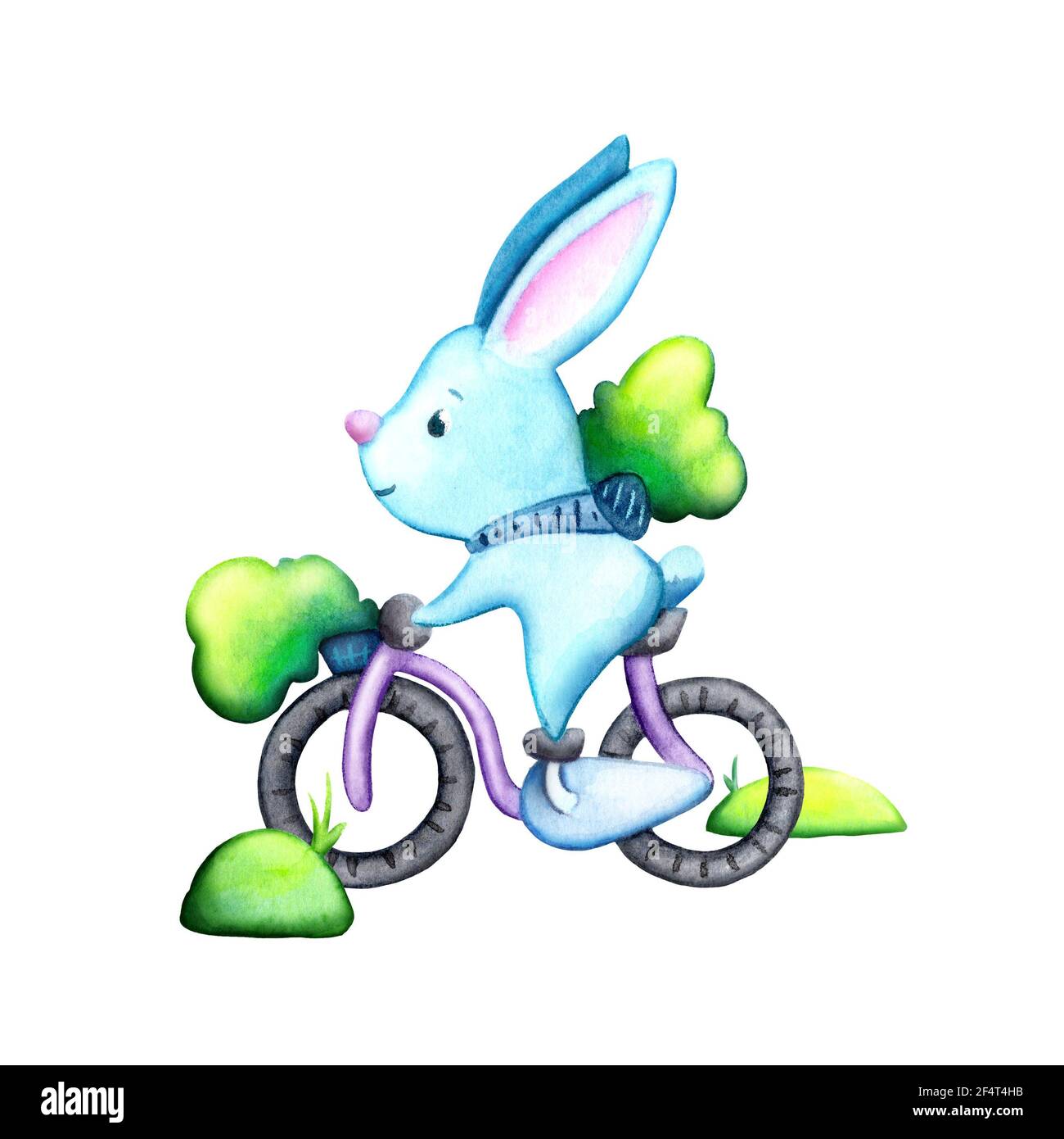 Cute rabbit cycling watercolor illustration. Watercolor Easter scene for kids print. Spring season scenery with cute bunny riding bicycle. Nursery pos Stock Photo
