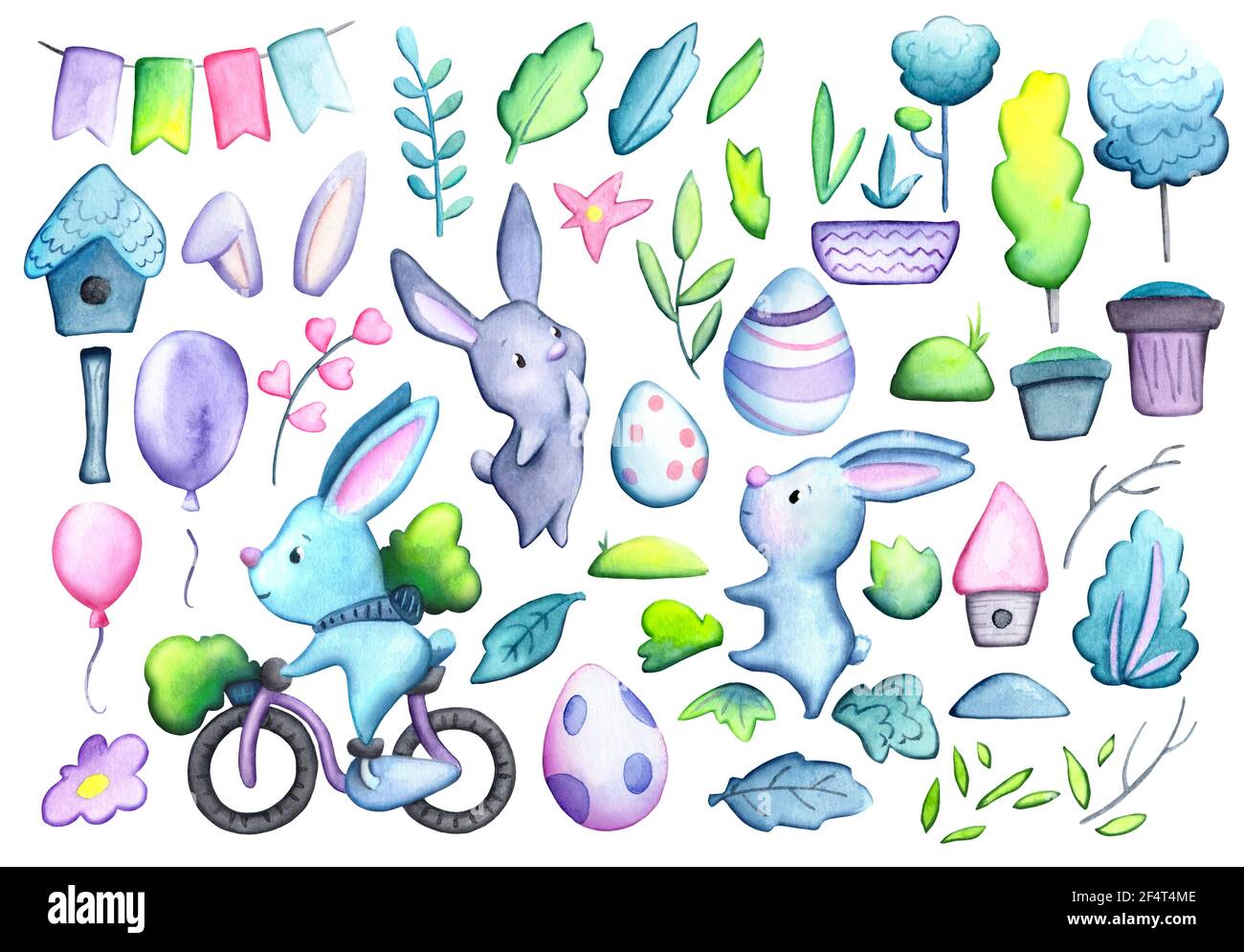 Cute rabbits and Easter eggs spring watercolor clipart on white background. Bunny character and painted eggs for Easter seasonal greetings. Spring tim Stock Photo