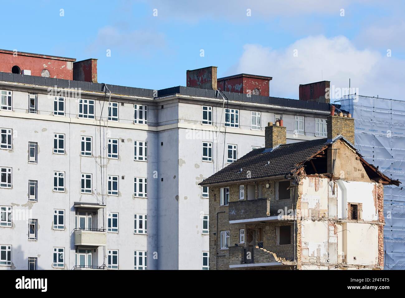 Blocks of council flats awaiting demolition during phase 3 of the regeneration of Woodberry Down, North London UK, in March 2021 Stock Photo