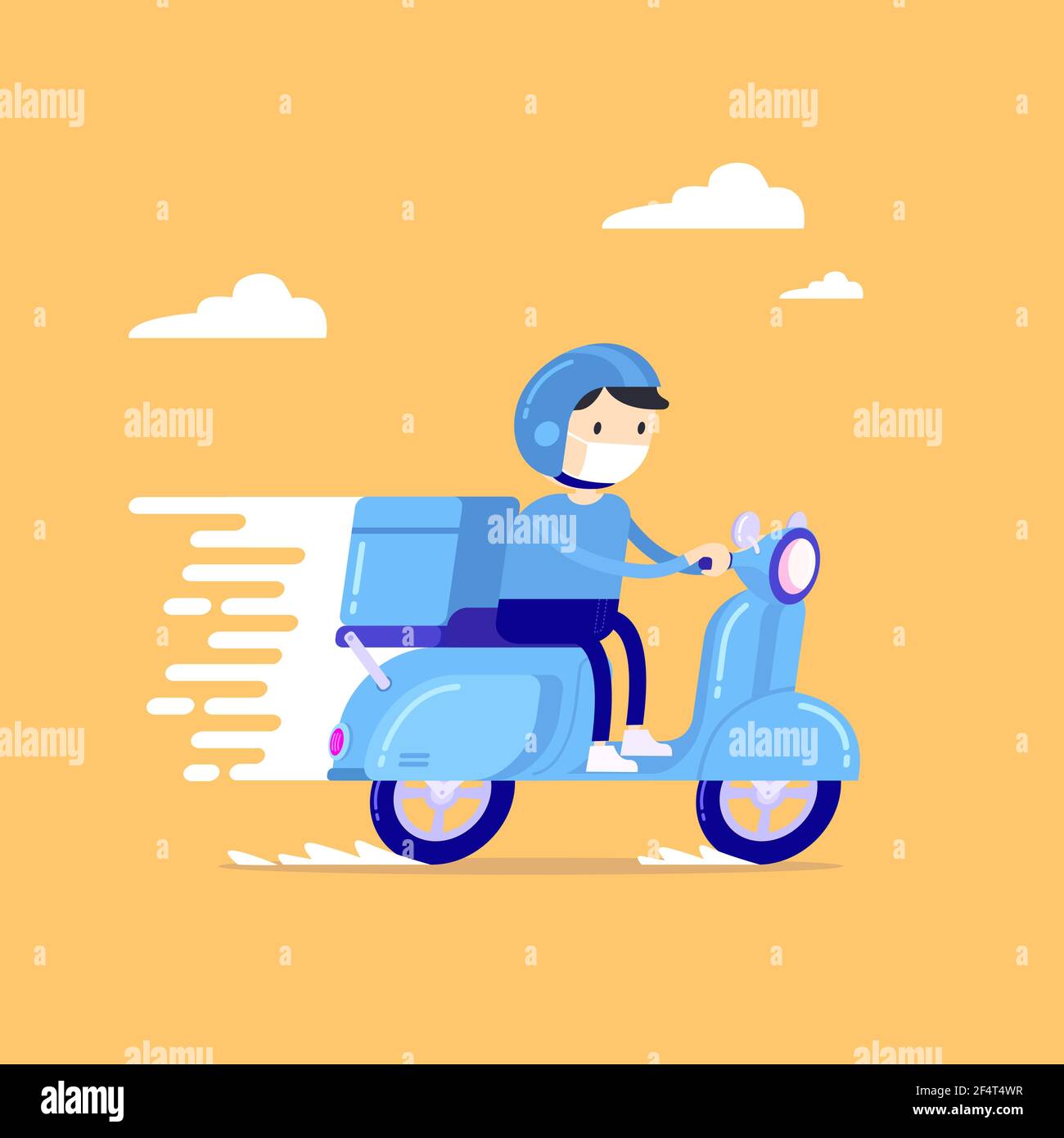 Food delivery man riding a blue scooter, courier in respiratory mask. Online order and food or product express delivery home and office in quarantine Stock Vector