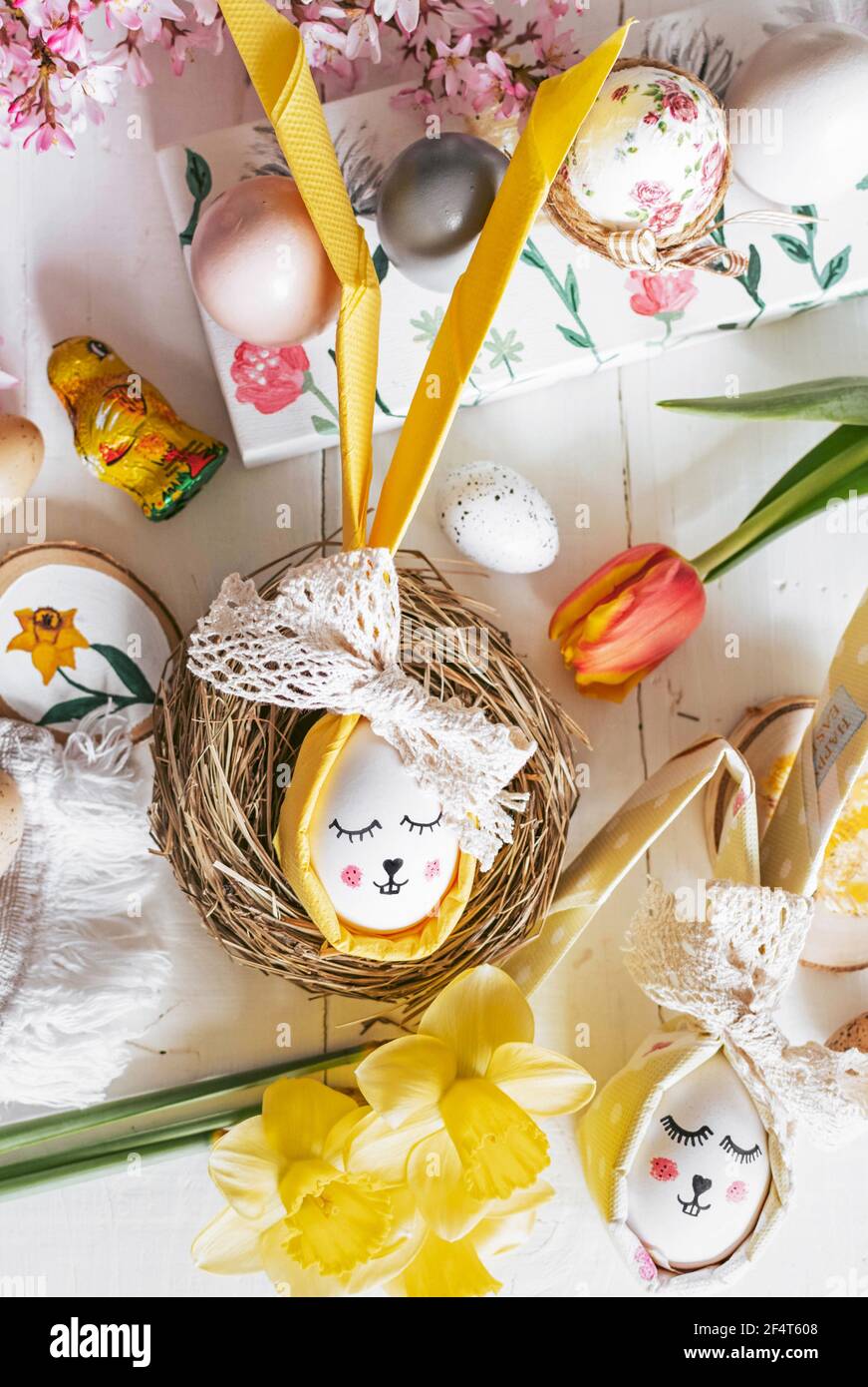 Top View Of Easter Holiday Decorations Food Eggs On White Wooden 