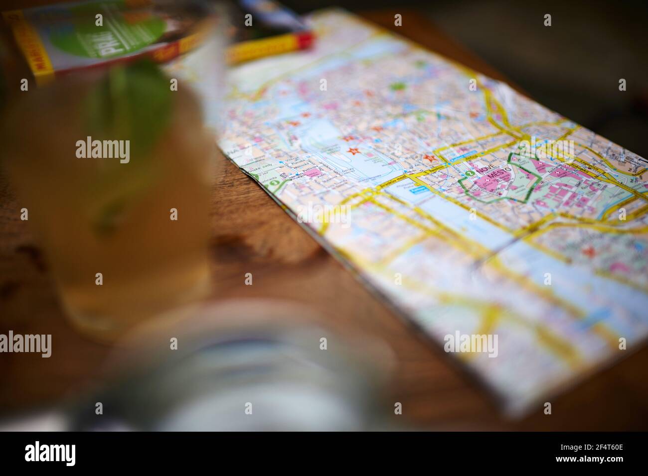 geography / travel, Czechia, Prague, city map in the coffeehouse, coffee shop, coffee bar, coffeehouse, Additional-Rights-Clearance-Info-Not-Available Stock Photo
