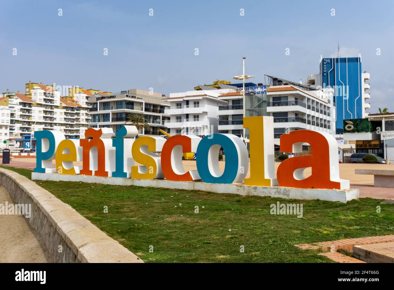 A view of the town sign and beach of Peniscola on the Costa del Azahar in Spain Stock Photo