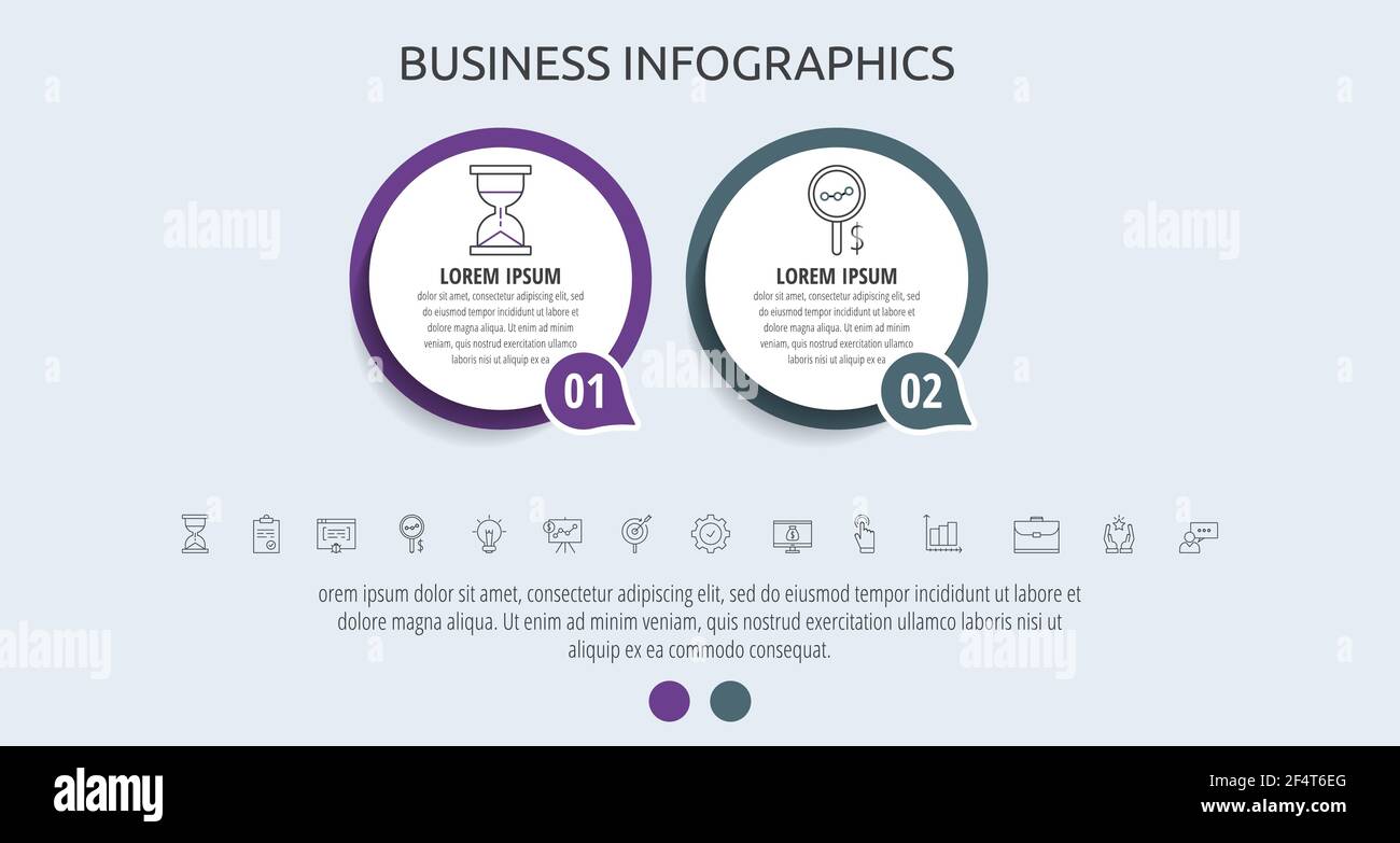Circles vector line infographic with 2 step, icons. Timeline used for ...
