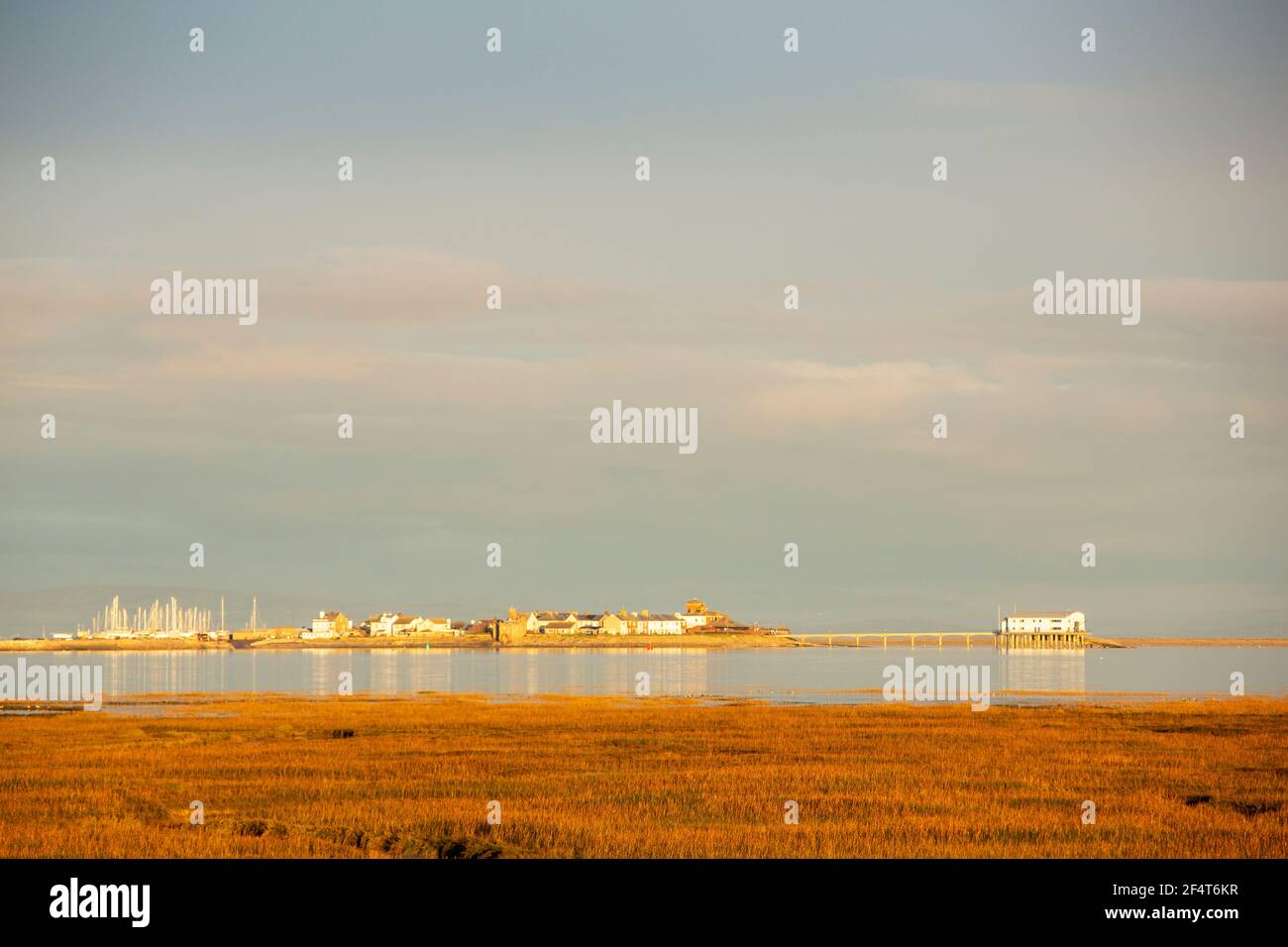 Looking across to Roa Island from Walney, Cumbria, UK, at sunset. Stock Photo