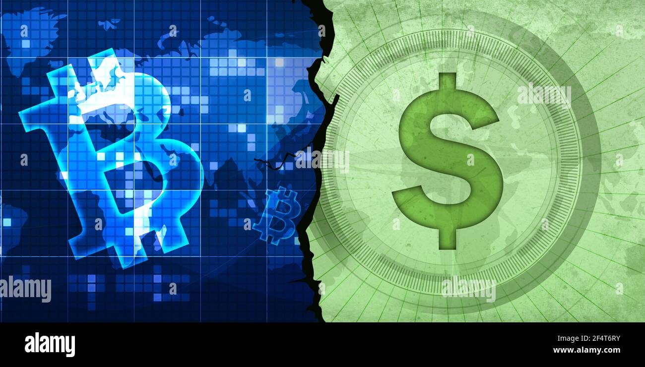 Traditional US Dollar Vs Bitcoin. Cryptocurrency Vs Dollar Background