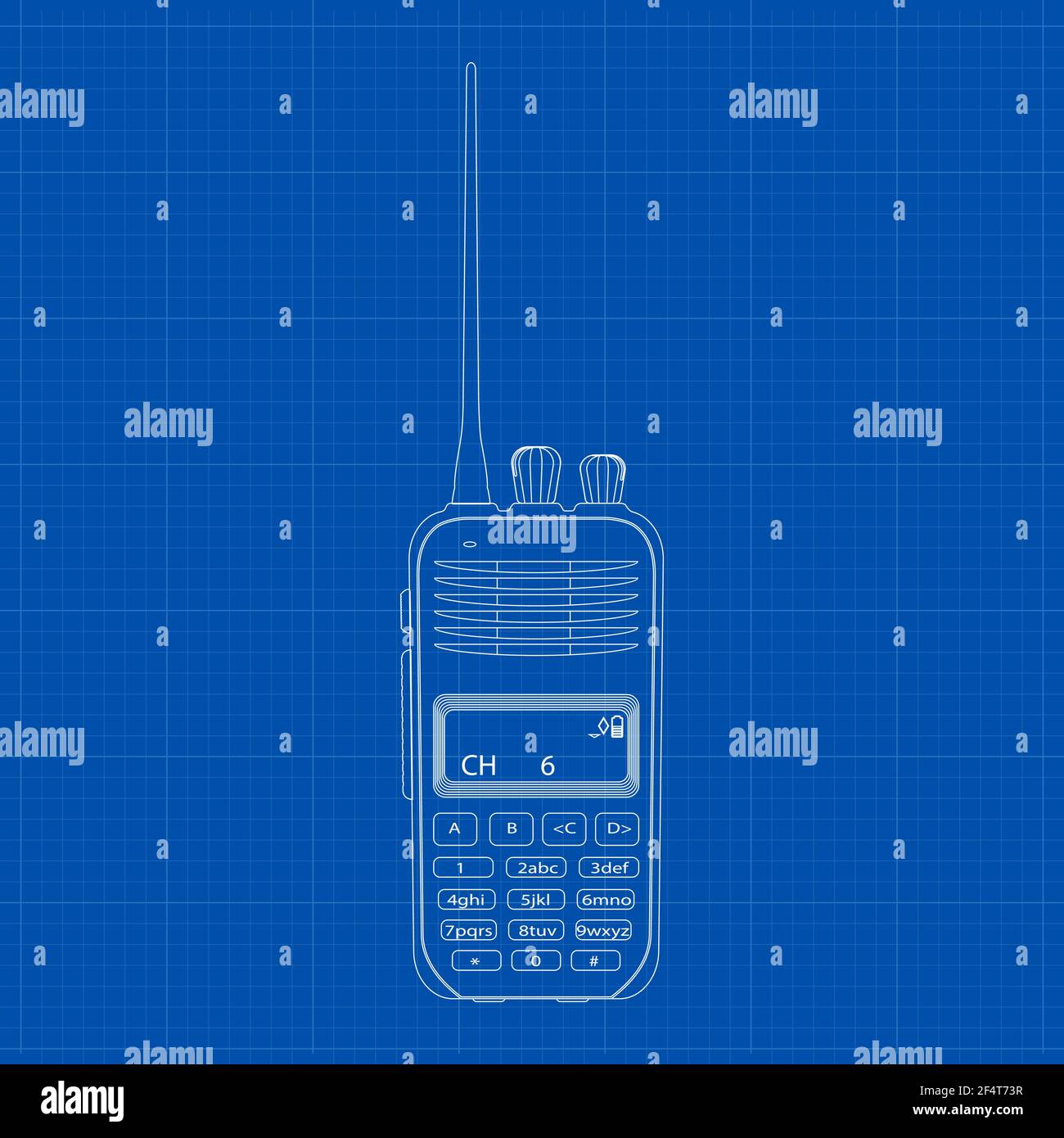 Radio transceiver. Modern portable radio. Flat drawing on blueprint