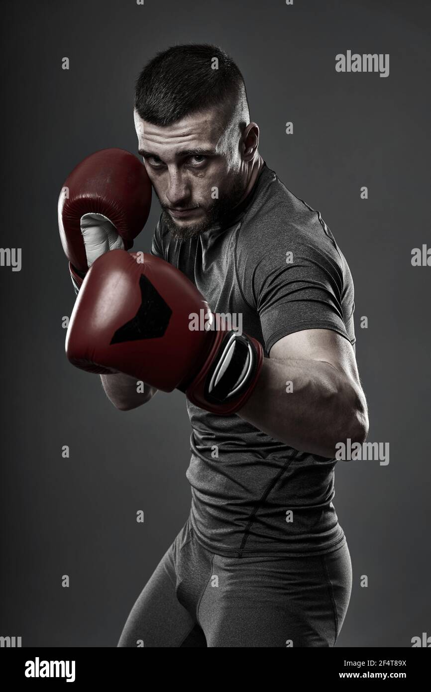 MMA fighter training, studio shot isolated on gray background Stock Photo
