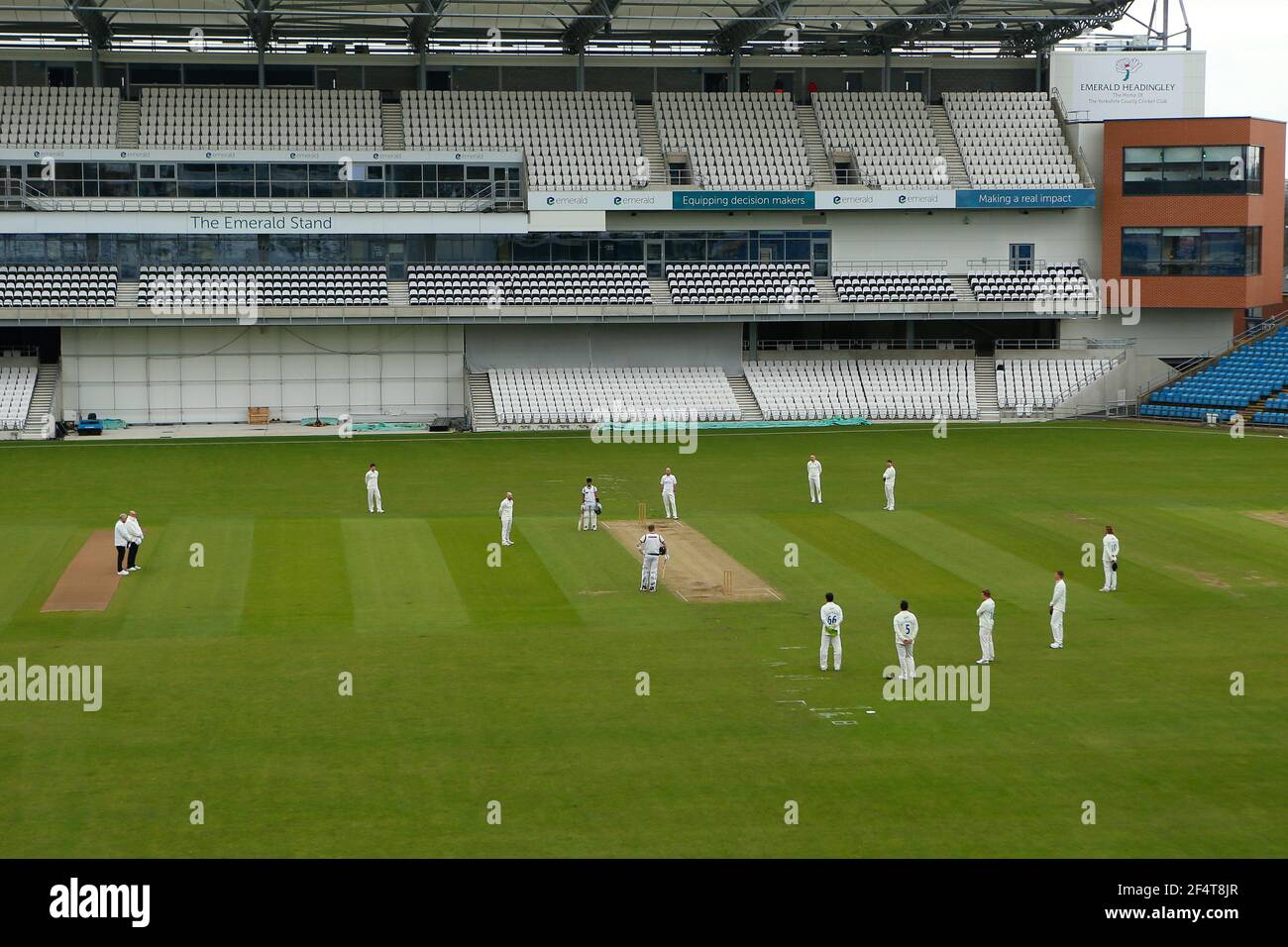 Yorkshire County Cricket, Emerald Headingley Stadium, Leeds, West Yorkshire, 23th March 2021.   Pre-Season Friendly -  Yorkshire County Cricket Club vs Durham County Cricket Club, Day 2.   Both side pause for a moment of reflection and to show there support for all those that have lost there lives to Corona Virus (Covid 19) at 12pm today  for a 1minute silence during Pre-Season Friendly -  Yorkshire County Cricket Club vs Durham County Cricket Club, on Day 2.  Credit: Touchlinepics/Alamy Live News Stock Photo