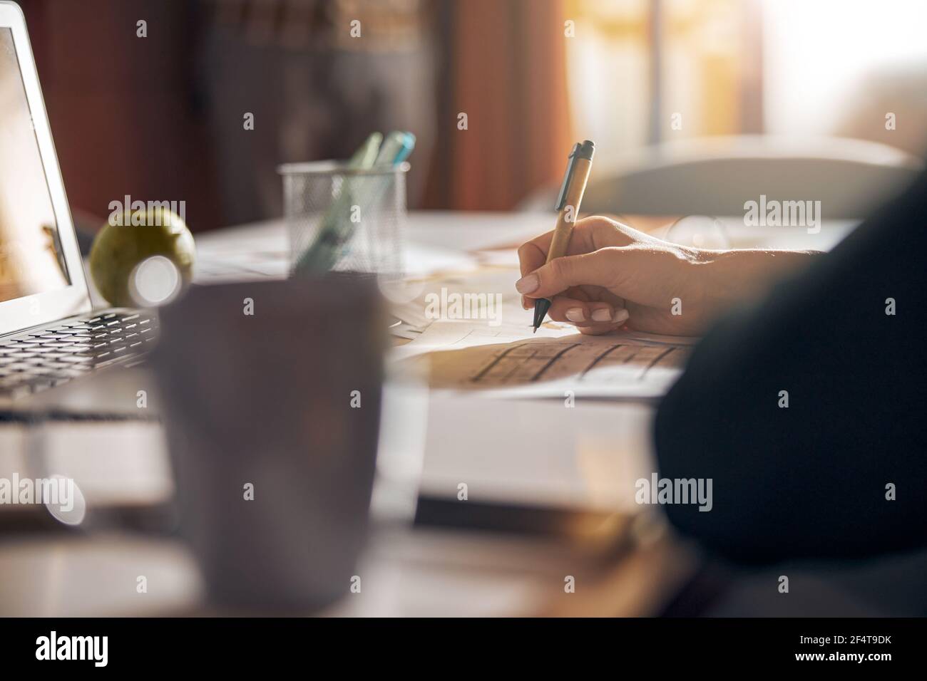 Experienced draftswoman modifying a building plan with a ball-point pen Stock Photo