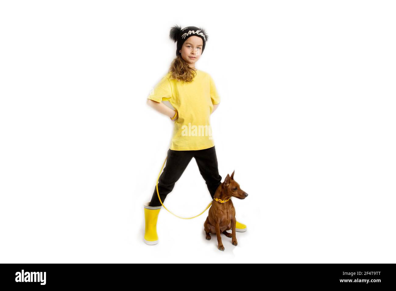 Little girl with dog, black and yellow clothes. White background. Studio shooting. Baby pets concept. Happy childhood Stock Photo
