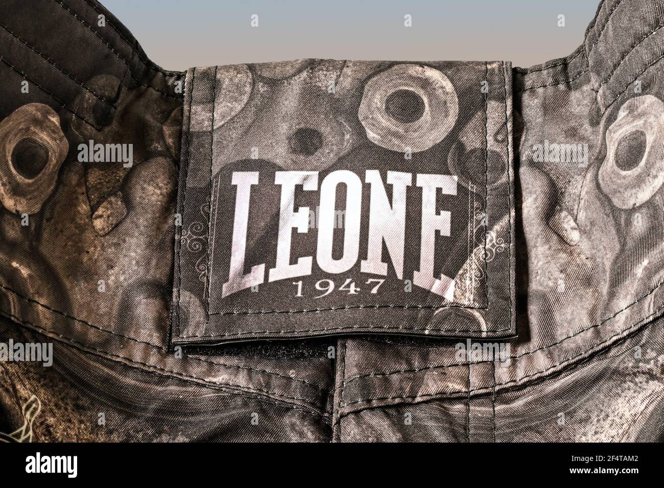 BRAUNSCHWEIG, GERMANY - MARCH 22, 2021: LEONE 1947 Italy Mixed Martial Arts (MMA) Shorts in closeup. Italian sportswear, specialized in combat sports. Stock Photo
