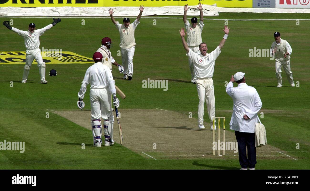 England v West Indies Cricket August 2000 Day One Craig White Bowler  celebrates after taking the wicket of Brian Lara Batsman LBW Stock Photo