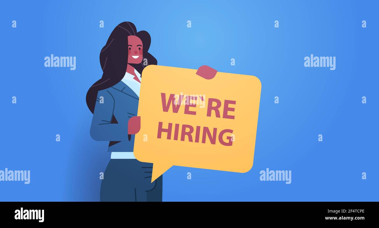 woman hr manager holding we are hiring speech vacancy open recruitment