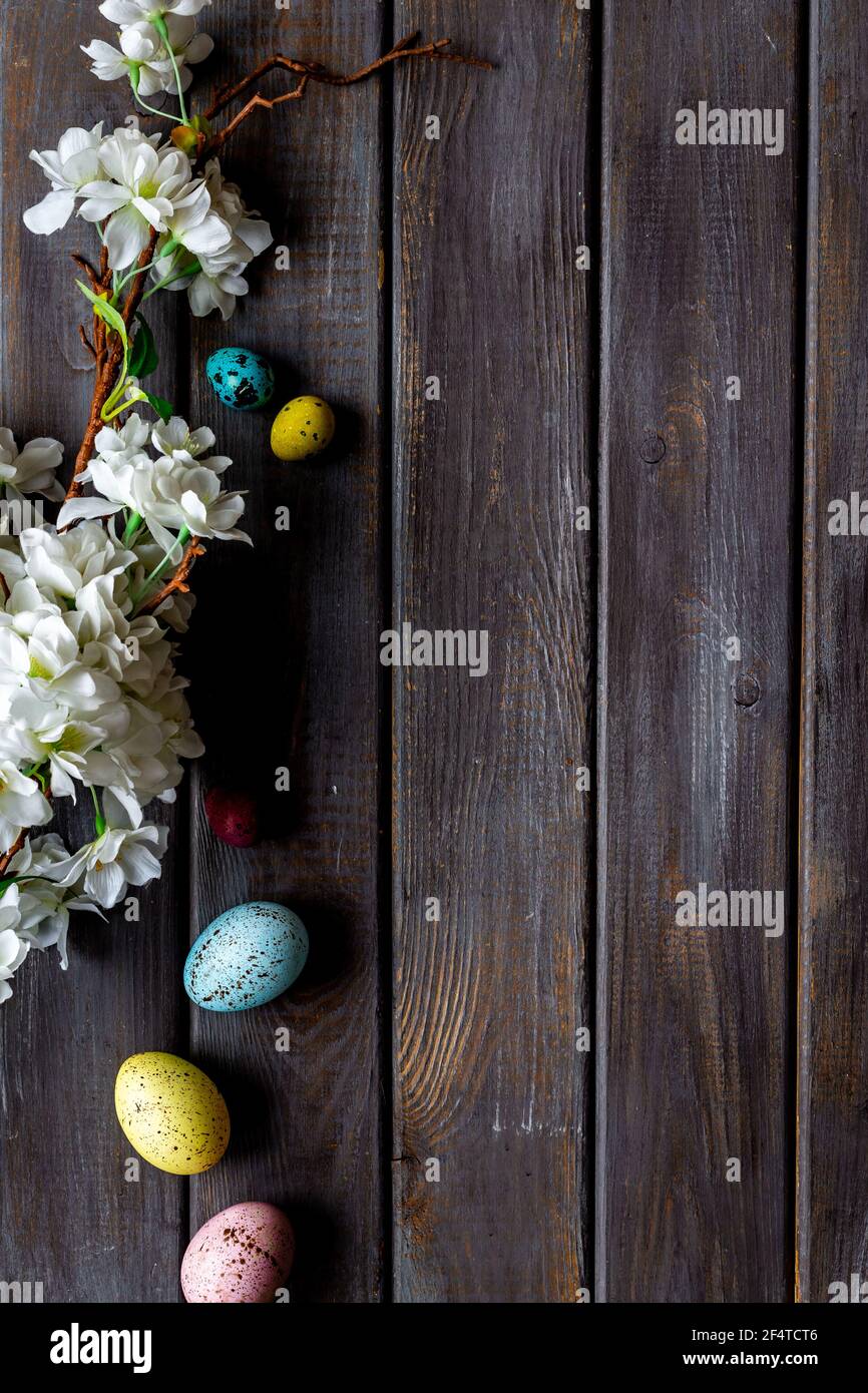 Easter eggs and spring flowers, top view Stock Photo - Alamy