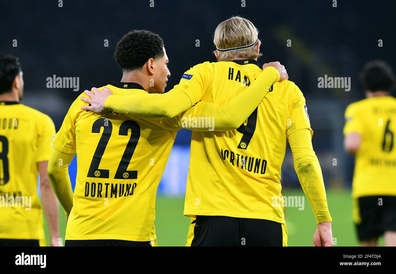 Bor Dortmund Vs Fc Sevilla Norwegian Forward Erling Haaland Celebrates After Scoring Together With English Midfielder Jude Bellingham Stock Photo Alamy