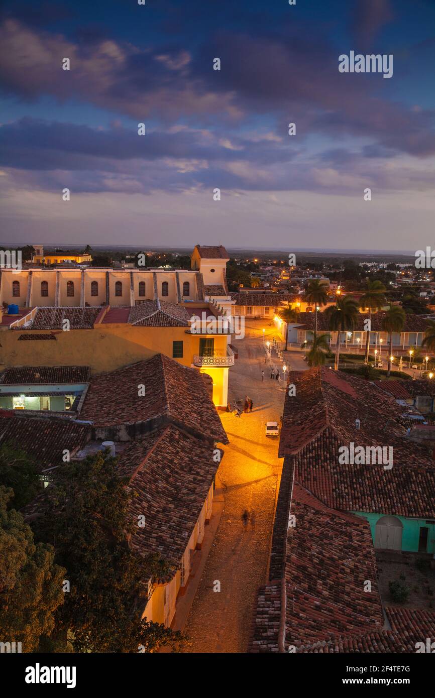 Cuba, Trinidad, View of Trinidad looking towards Iglesia Parroquial de la Santisima Trinidad and Plaza Mayor Stock Photo