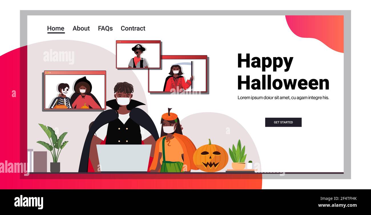 happy halloween holiday celebration concept people in costumes discussing with friends during video call Stock Vector