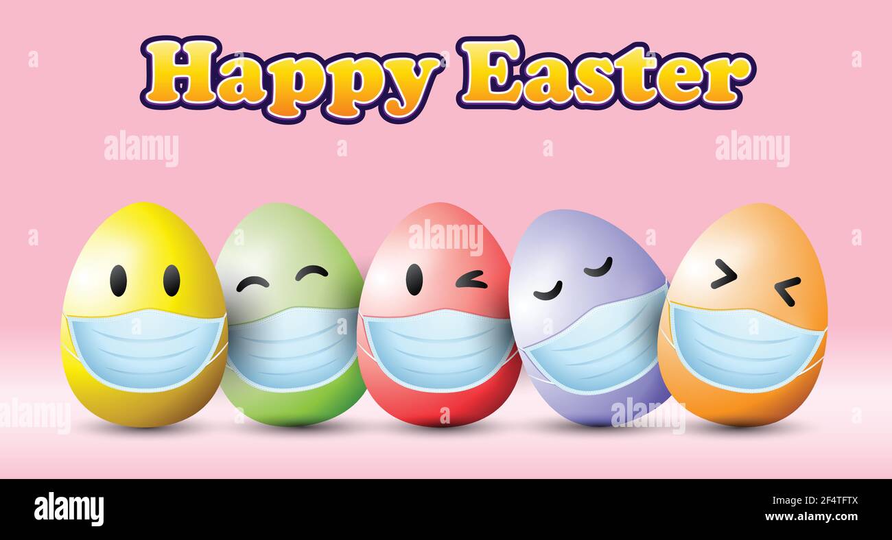 Happy Easter background vector illustration. Colorful Easter eggs vector. Eggs with medical mask. Stock Vector