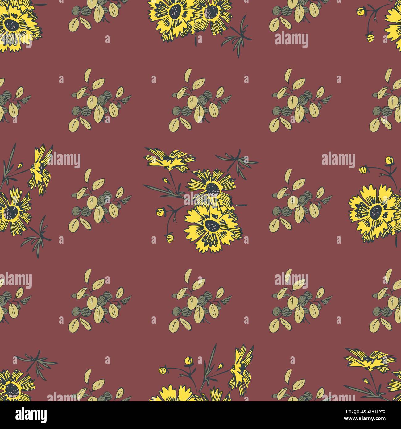 Hand drawn flowers daisy, leaves seamless pattern abstract background ...