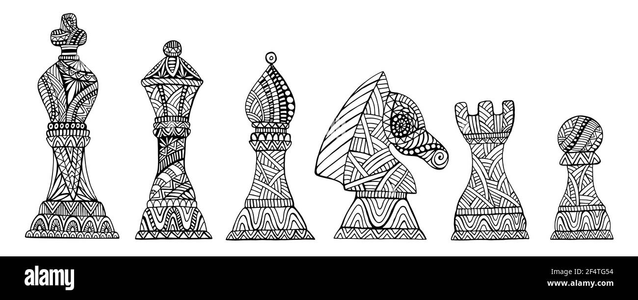 Set with King, Queen, Bishop, Knight, Rook and Pawn Chess Pieces coloring page for adults and kids, isolated on white. Black and white collection crea Stock Vector