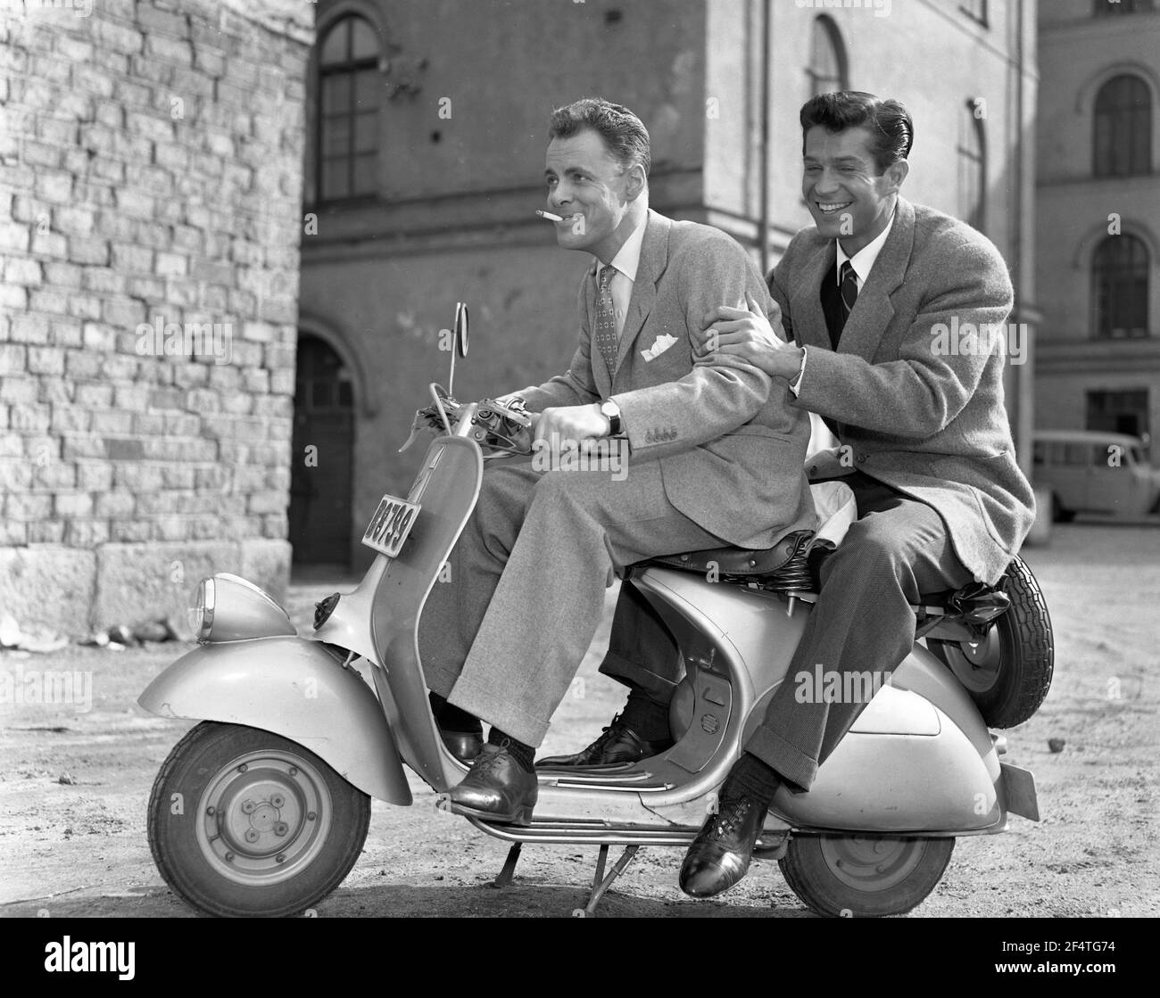 Vespa. An italian brand of scooter manufactured by Piaggio. On 23 April 1946, Piaggio & C. S.p.A. filed a patent for “a motor cycle with a rational complex of organs and elements with body combined with the mudguards and bonnet covering all the mechanical parts”. Shortly thereafter, the Vespa made its first public appearance. Driving is actor Sven Lindberg in the 1950s. ref 39K-8 Stock Photo