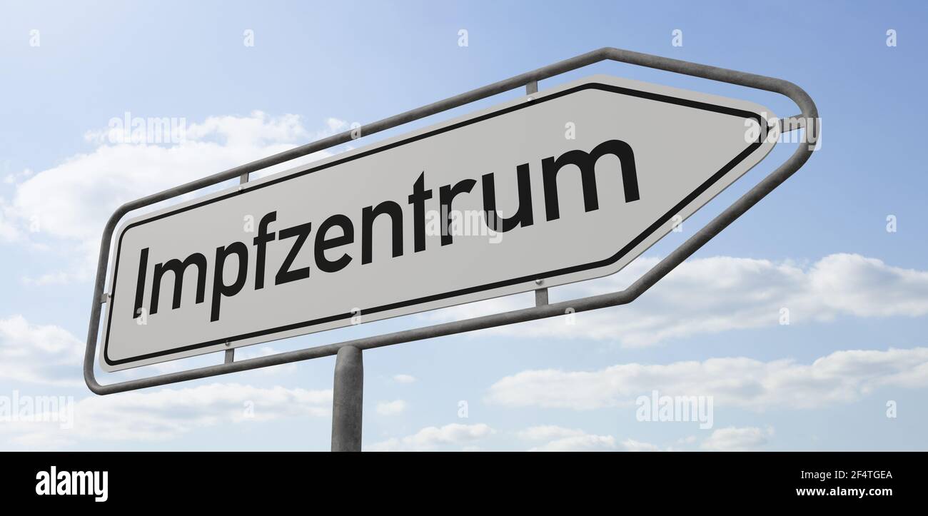 Arrow Signpost - Vaccination Center  in german - Impfzentrum - 3d rendering Stock Photo