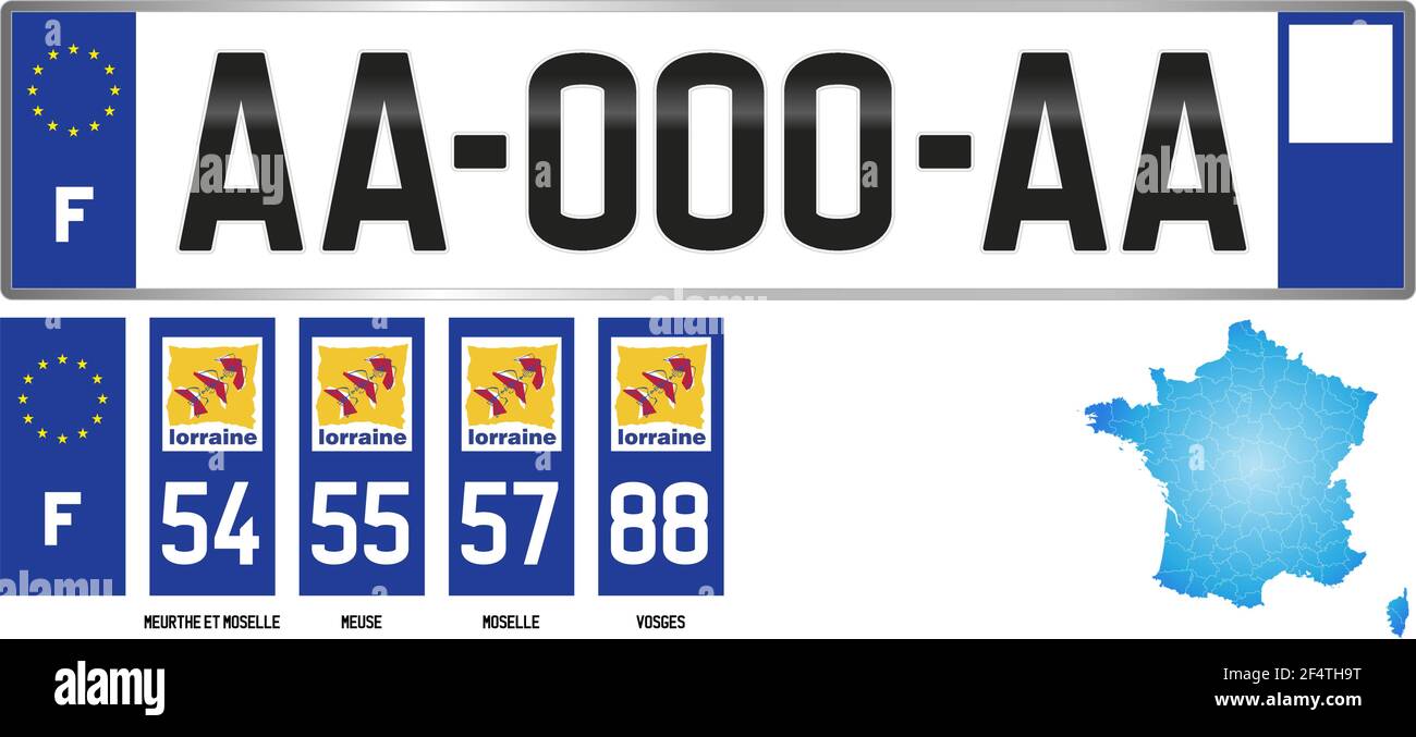 Lorraine, France, french regional license plate template, detail of the side label of the department, vector illustration, example of numbering Stock Vector