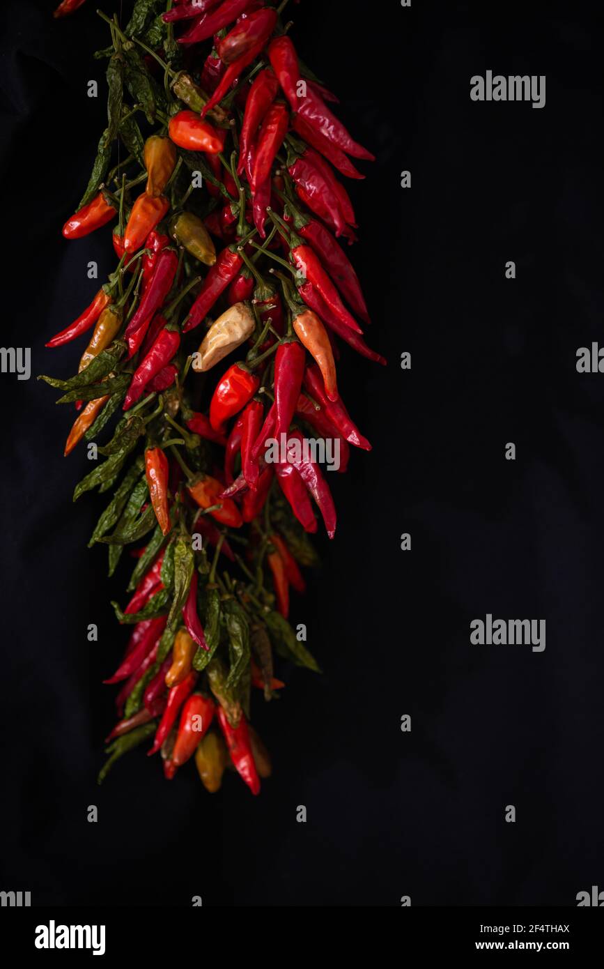 Bunch of red hot chili peppers hanging and drying on a rope on a black ...