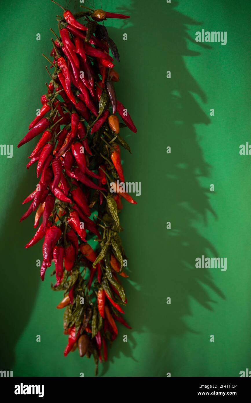 Closeup shot of a bunch of red hot chili peppers hanging and drying on ...