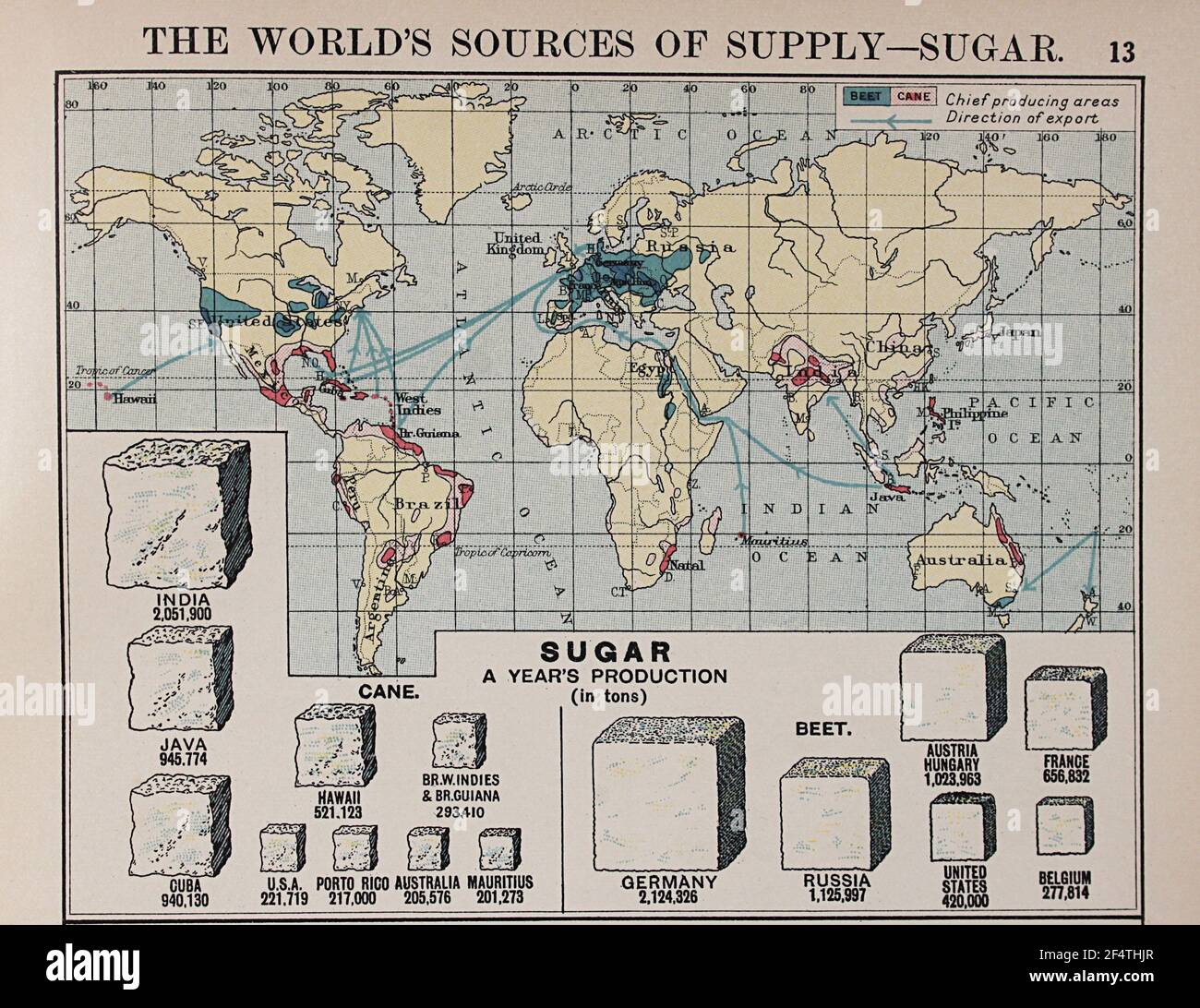 World map from 'Philip's Chamber of Commerce Atlas', 1912, showing sugar production in tons, both cane and beet. Stock Photo
