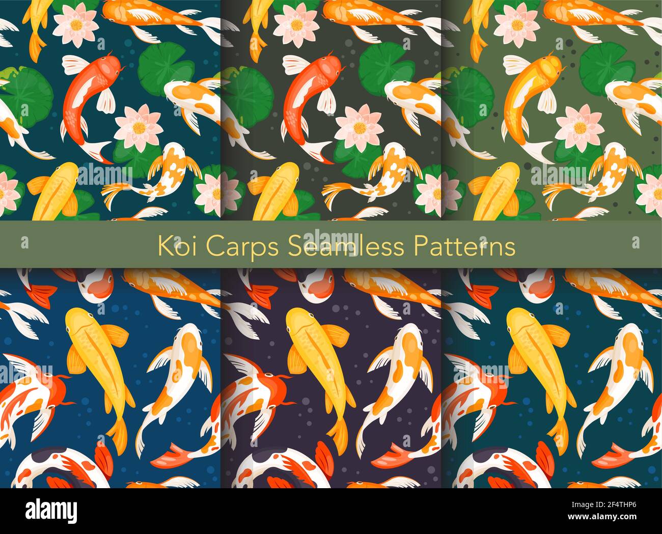 Koi carp fishes seamless pattern vector illustration set, goldfishes swim in water pond Stock Vector