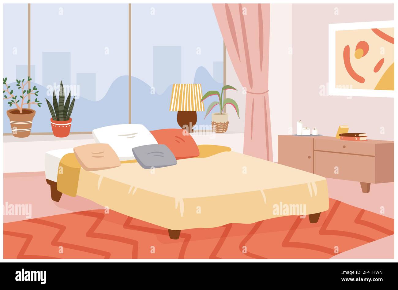 Bedroom hygge home interior, room design apartment with window, cozy bed and pillows Stock Vector