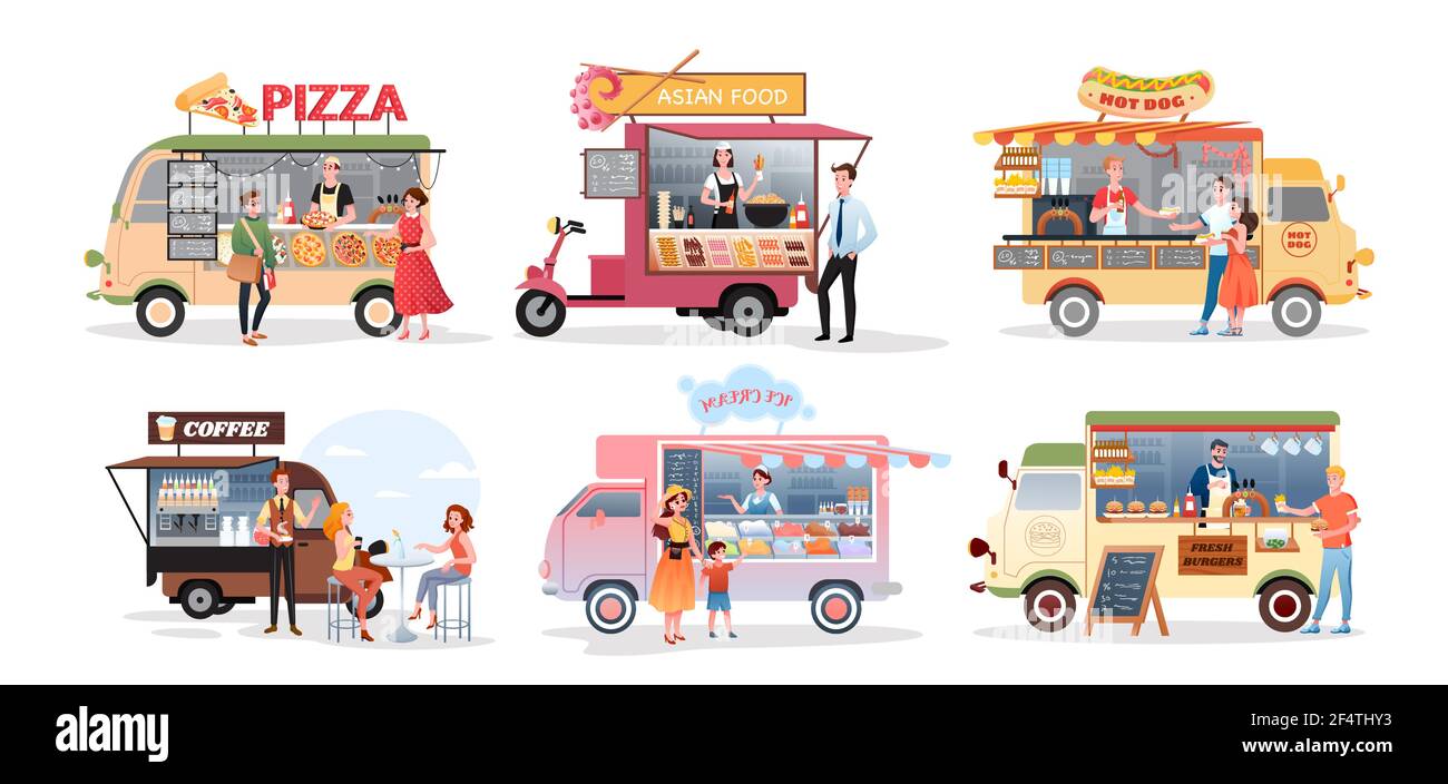 Street market food truck, outdoor cafe vector illustration set. Cartoon foodtruck with menu pizza asian food burger ice cream hot dog fastfood eating Stock Vector