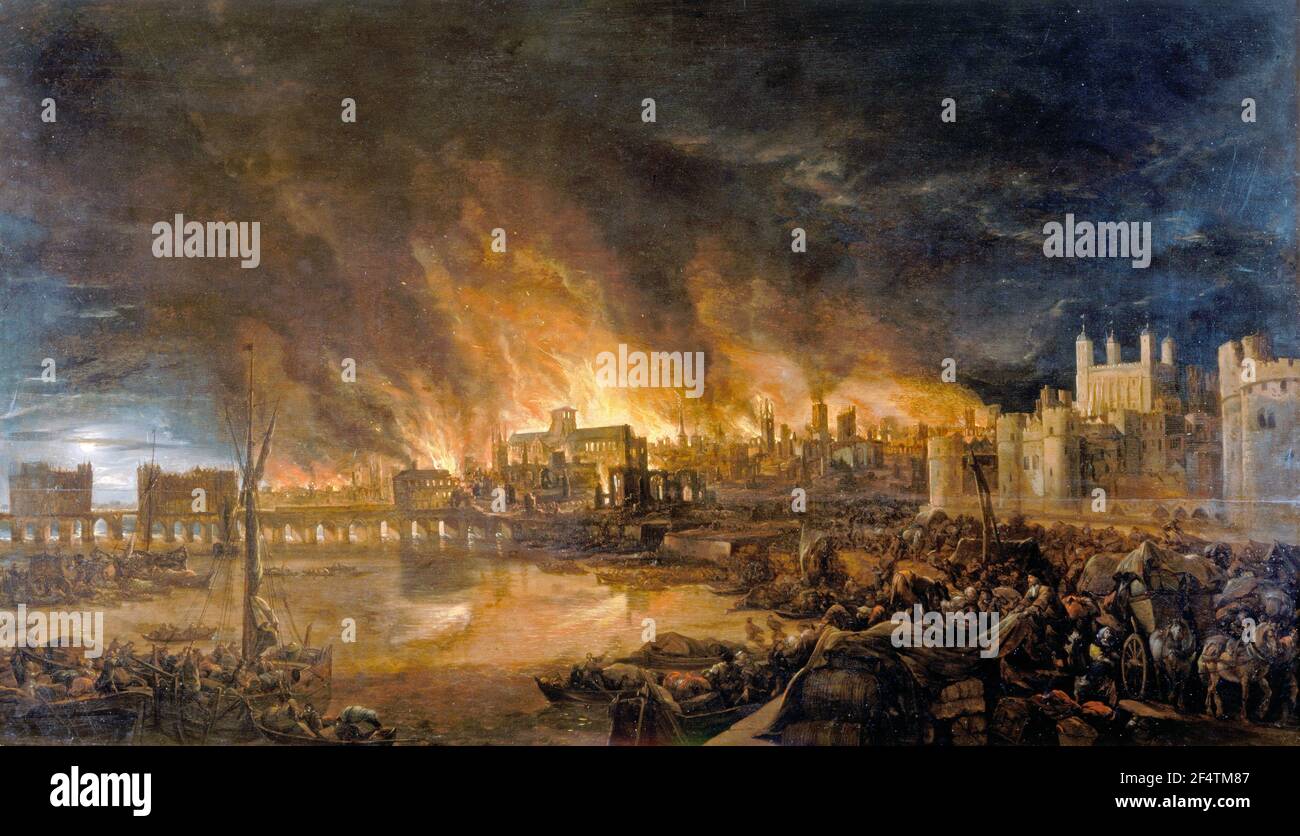 The Great Fire of London - This painting shows the great fire of London as seen from a boat in vicinity of Tower Wharf. The painting depicts Old London Bridge, various houses, a drawbridge and wooden parapet, the churches of St Dunstan-in-the-West and St Bride's, All Hallow's the Great, Old St Paul's, St Magnus the Martyr, St Lawrence Pountney, St Mary-le-Bow, St Dunstan-in-the East and Tower of London, 1675 Stock Photo