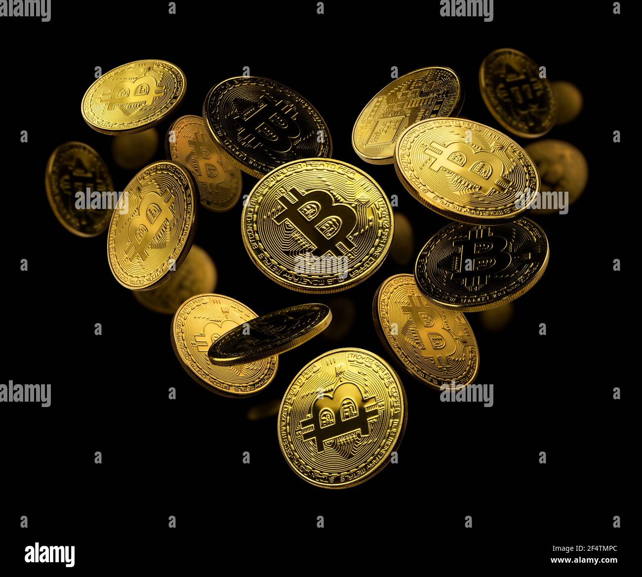 Bitcoin coins in the shape of a heart on a black background Stock Photo ...