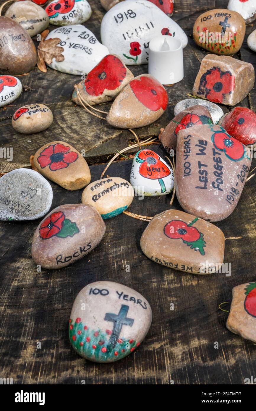 Painted pebbles commemorating World War 1 displayed on old tree trunk, Hampshire, England, United Kingdom, Europe Stock Photo