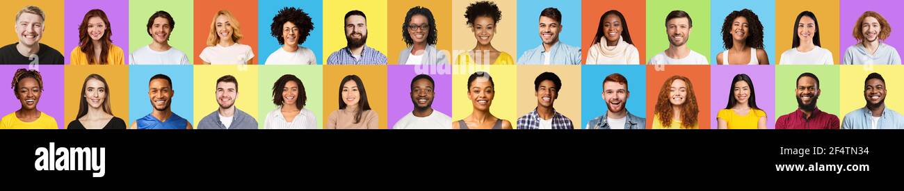 Collage Mosaic Of Faces Of Multicultural People Over Bright Backgrounds ...
