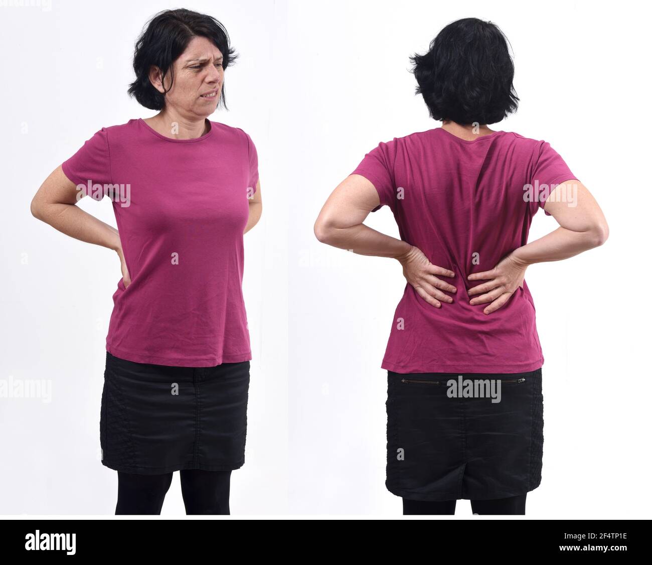 front and back view of a woman with pain in her back Stock Photo