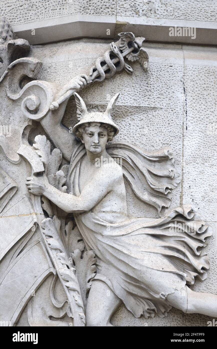 London, England, UK. Stone relief carvin in Temple Avenue EC4: Mercury - the Winged Messenger. Also Roman God of financial gain, commerce, eloquence, Stock Photo