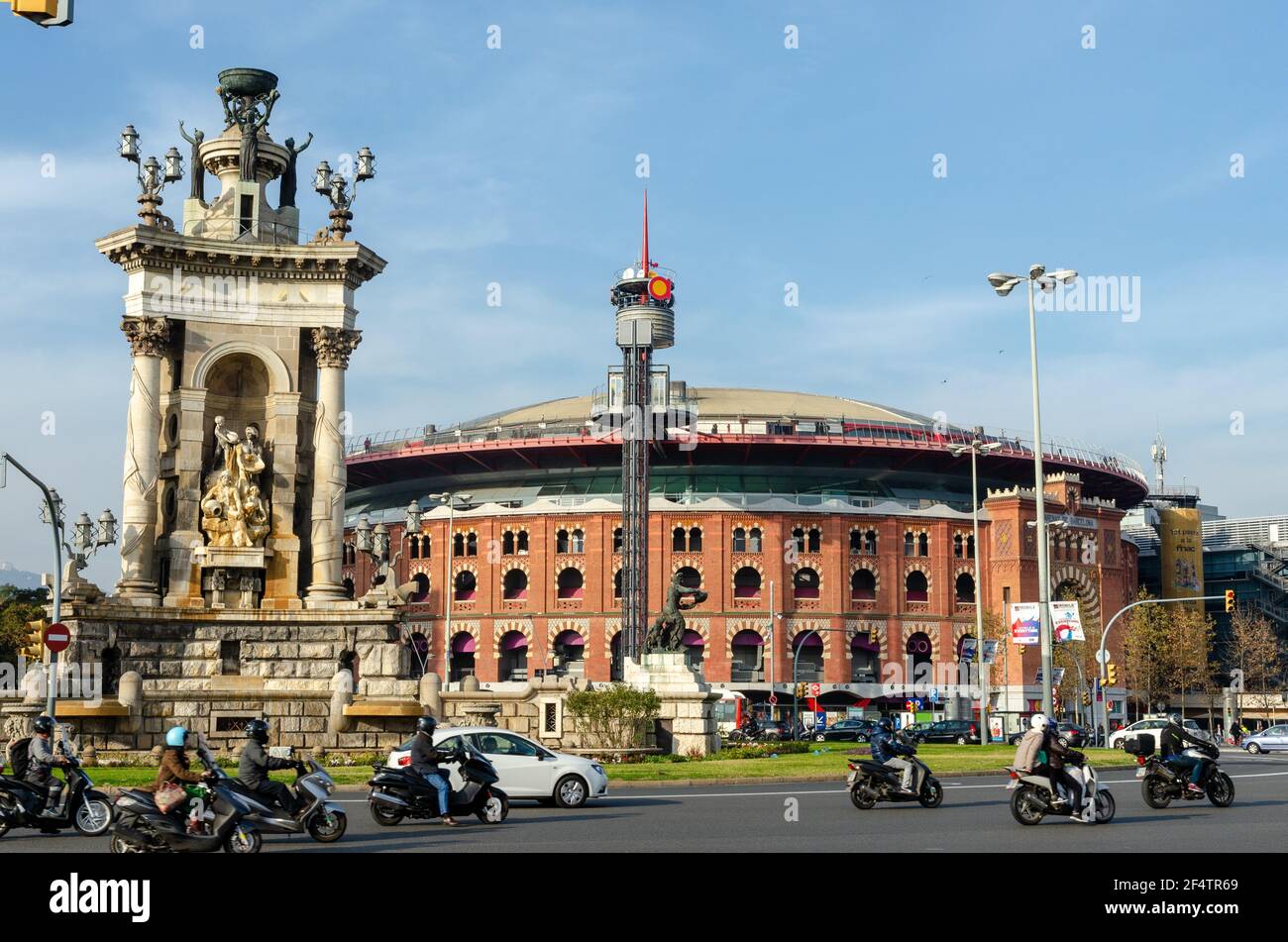 Monument (fountain) in center of Spain square and Barcelona Arena ...