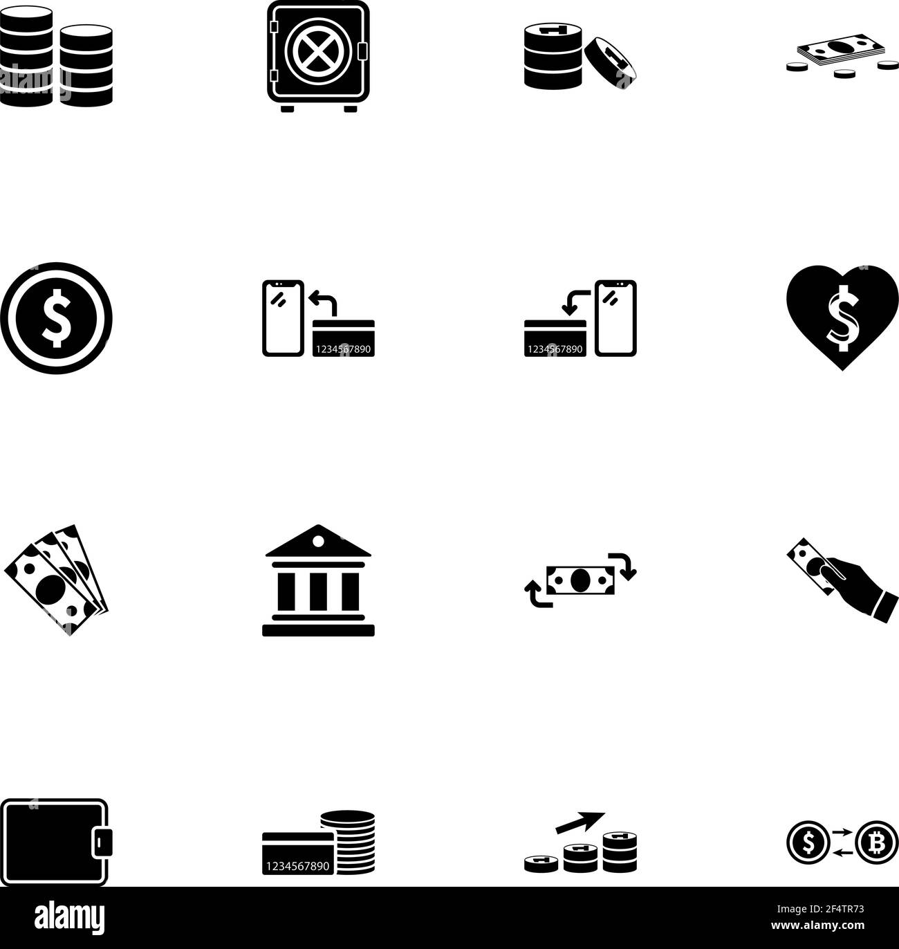 Money icon - Expand to any size - Change to any colour. Perfect Flat Vector Contains such Icons as bank building, safe, coin, love dollar, wallet, cur Stock Vector