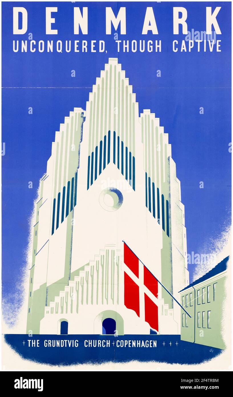 Danish, WW2 motivational poster, Unconquered though captive, Occupied Denmark - The Grundtvig Church, Copenhagen, 1942-1945 Stock Photo